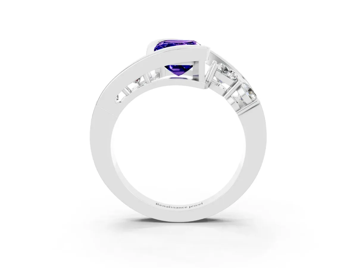 Bezel Set Emerald Cut Tanzanite Bypass Ring with Round Accents Platinum