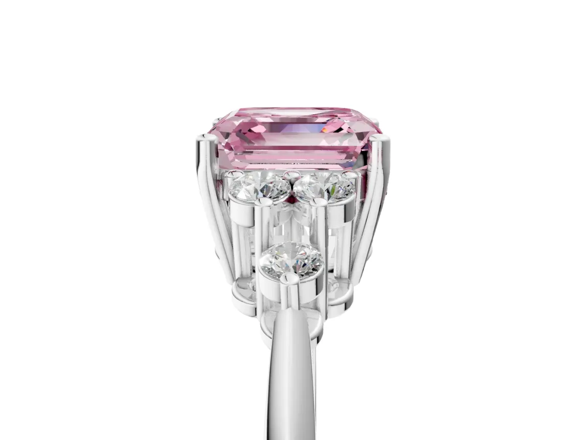Fancy Pink Asscher Cut Cut Diamond Cluster Ring with Solitaire Band and Four-Prong Setting Platinum