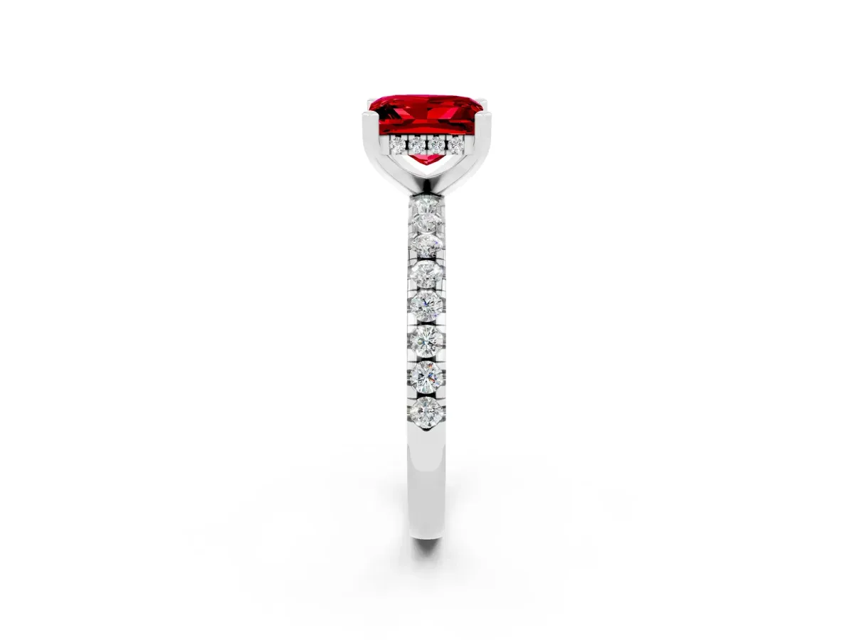 Princess Cut Ruby Solitaire Ring with Round Pavé Band and Four-Prong Setting Silver