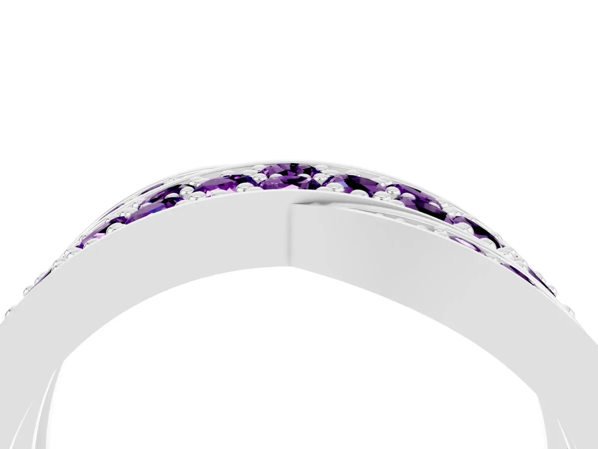 Pavé Round Amethyst Crossover Band with Bead Prong Setting Platinum