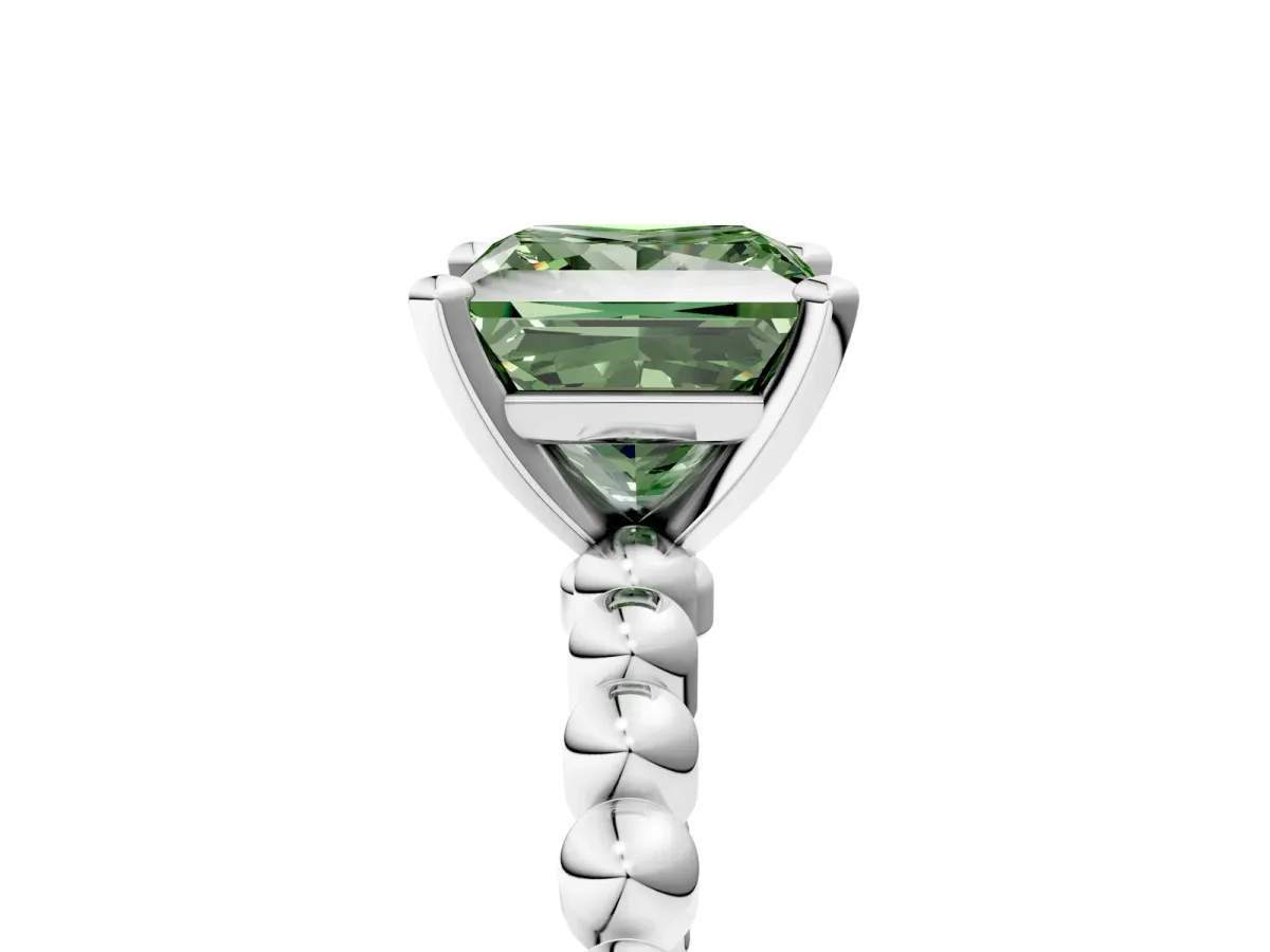 Fancy Green Princess Cut Diamond Solitaire Ring with Beaded Band and Prong Setting Silver