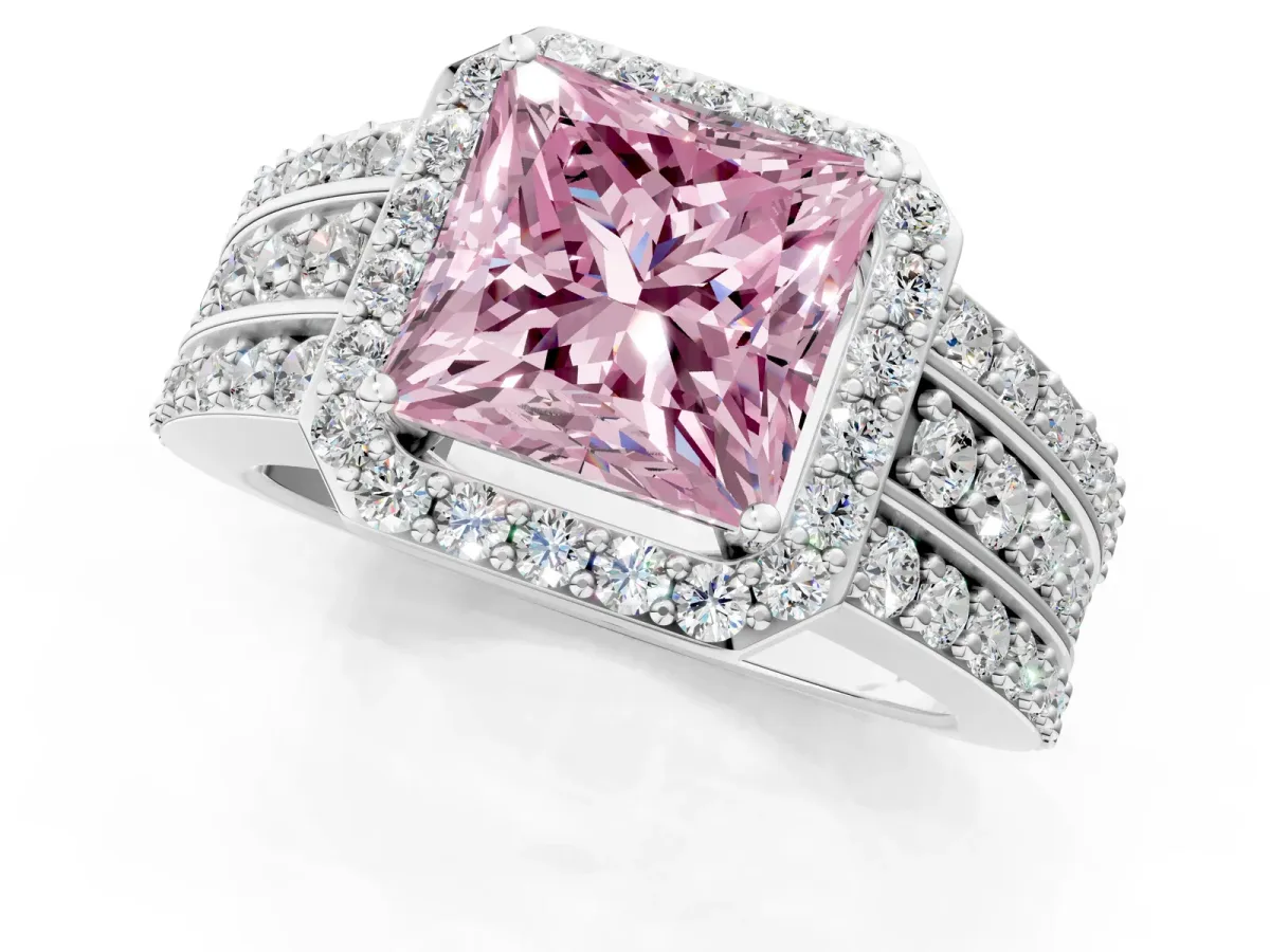 Fancy Pink Princess Cut Halo Diamond Ring with Round Split Shank and Prong Setting Silver