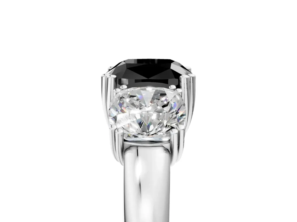 Fancy Black Three-Stone Cushion Cut Cut Diamond Ring with Channel Set Band and Four-Prong Setting Silver