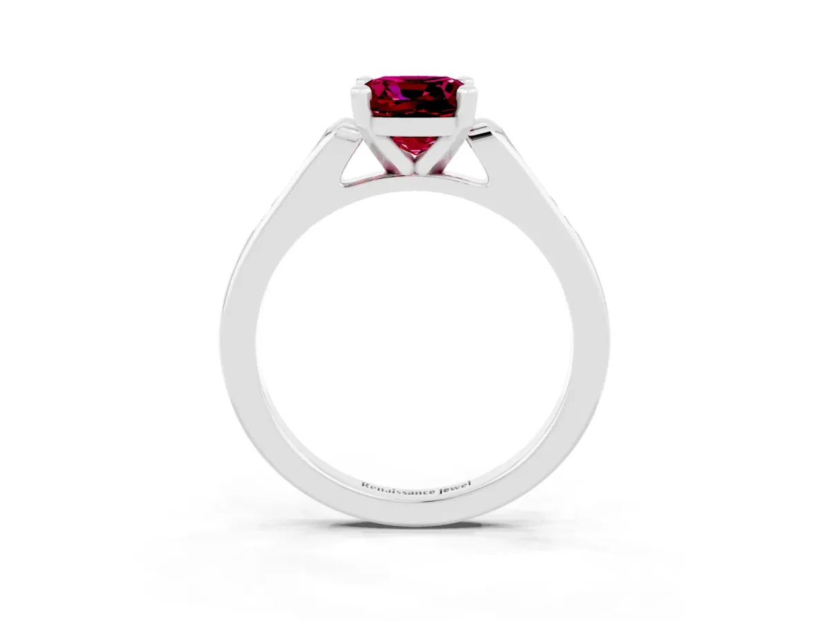 Cushion Cut Garnet Solitaire Ring with Channel Set Round Band and Prong Setting Silver