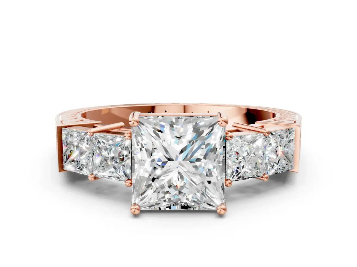 Princess Cut Solitaire Princess Side Stone Engraved Band Prong Setting Ring Rose gold