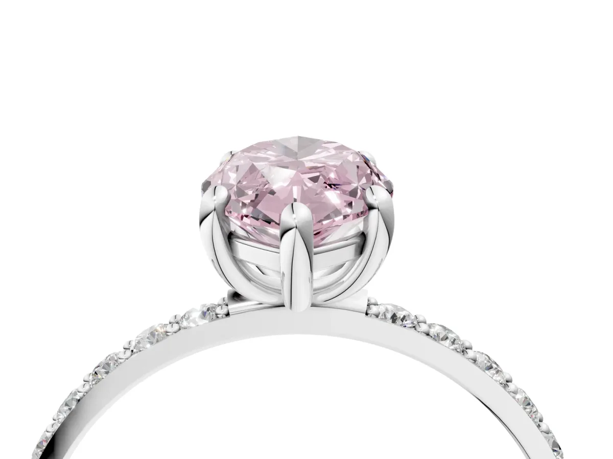 Fancy Pink Marquise Cut Diamond Solitaire Ring with Round Pavé Band and Prong Setting Silver