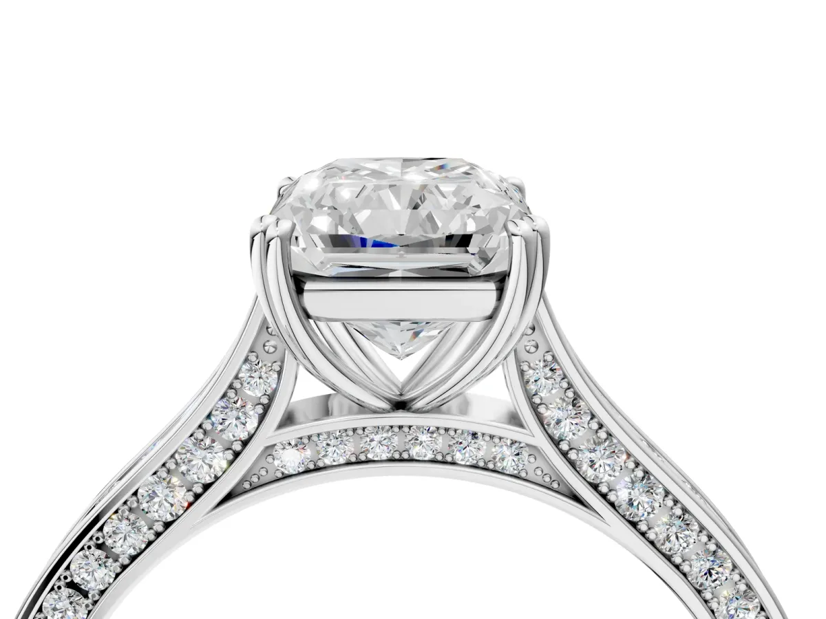 Radiant Cut Diamond Solitaire with Pave Band and Six-Prong Setting Platinum