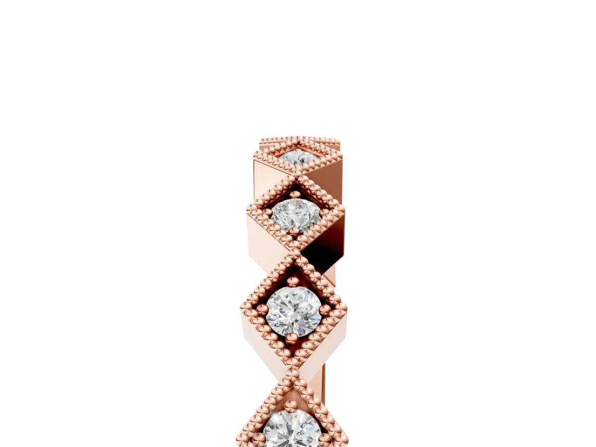 Milgrain Diamond Geometric Stackable Band with Round Cut Stones and Bezel Setting Rose gold