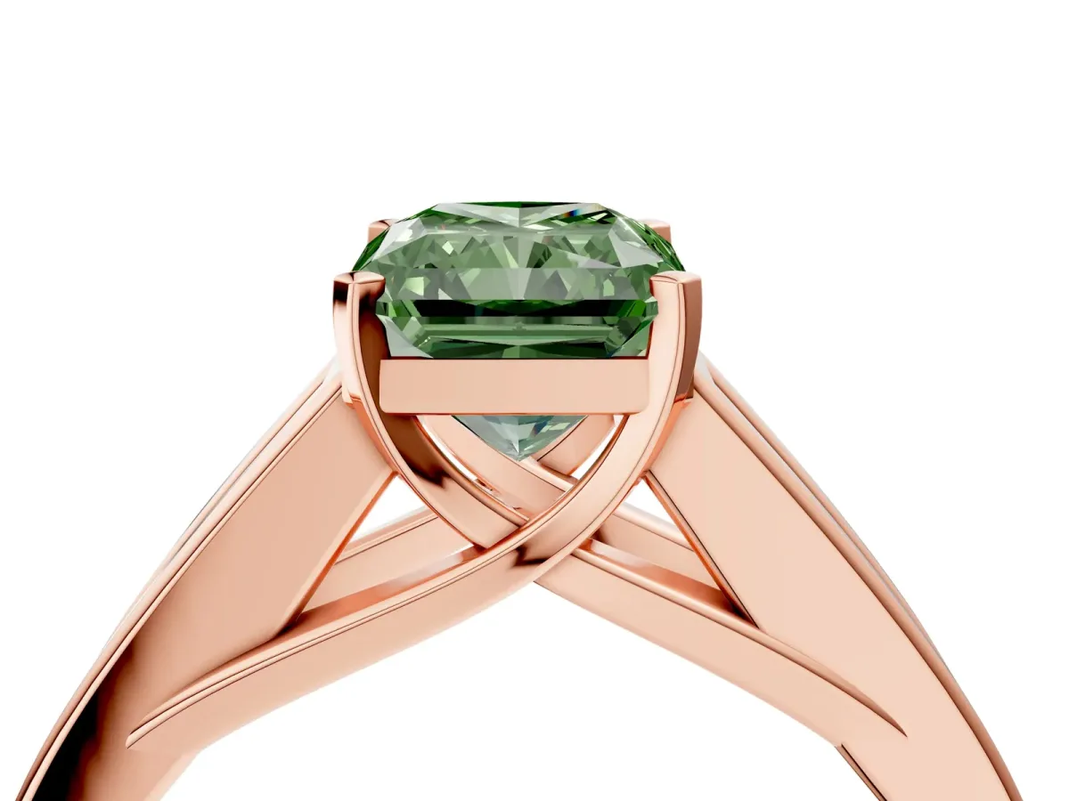Fancy Green Radiant Cut Cut Channel Set Solitaire Ring with Four-Prong Setting Rose gold