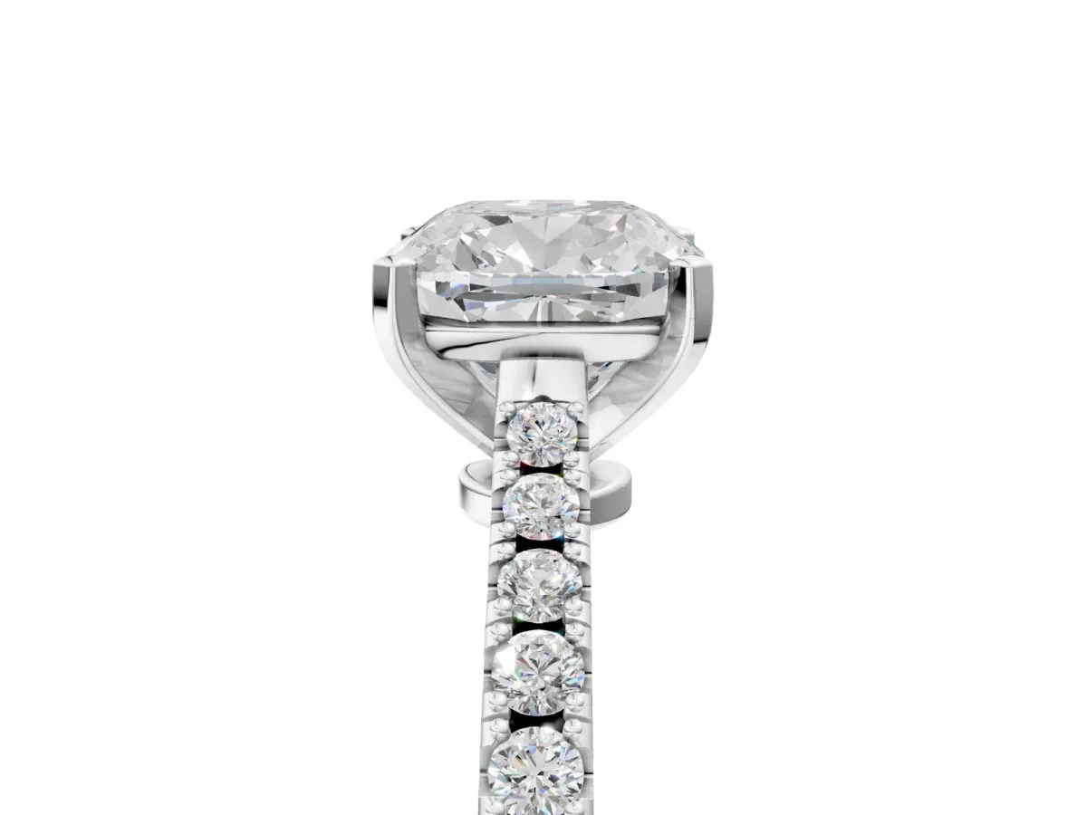 Cushion Cut Cut Solitaire Diamond Engagement Ring with Pave Band and Four-Prong Setting Silver