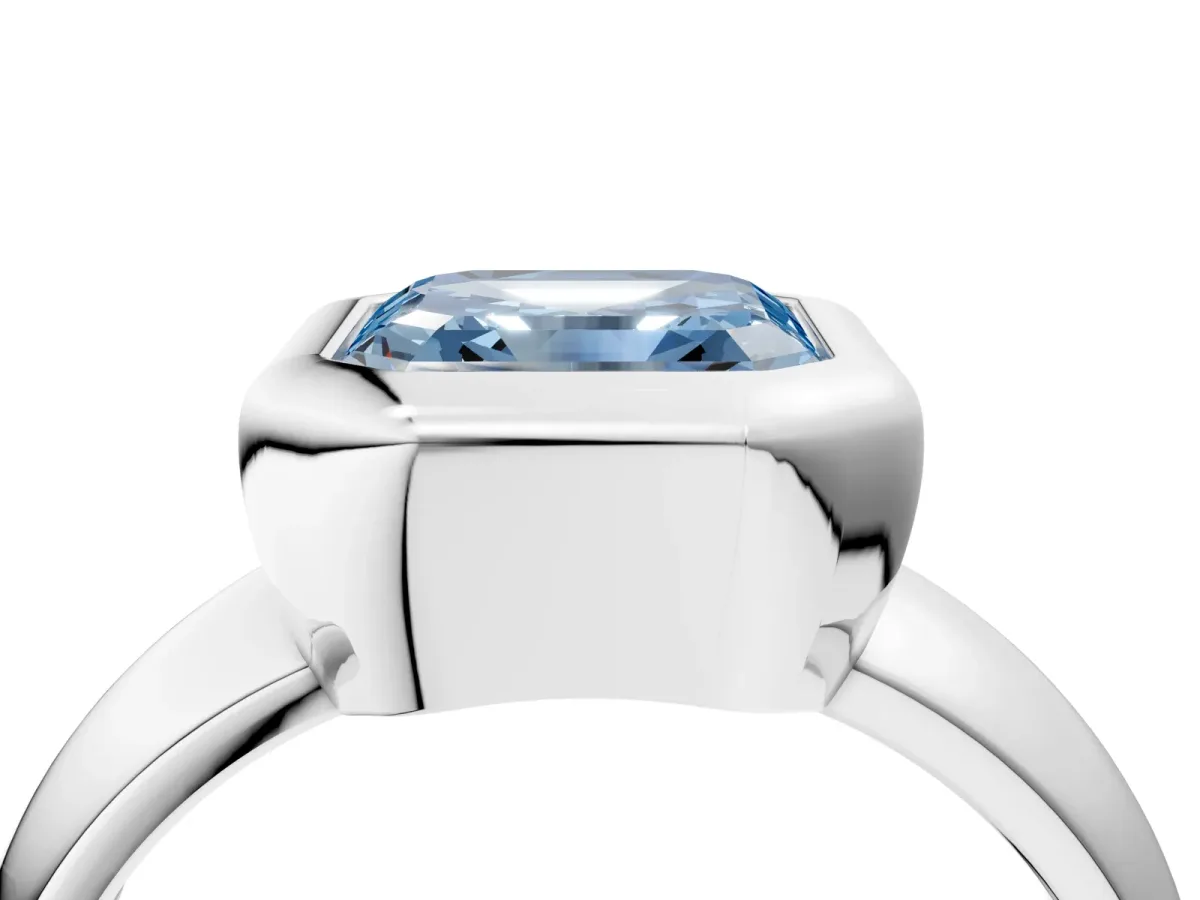 Fancy Blue Bezel Set Asscher Cut Solitaire Ring with Wide Band Platinum