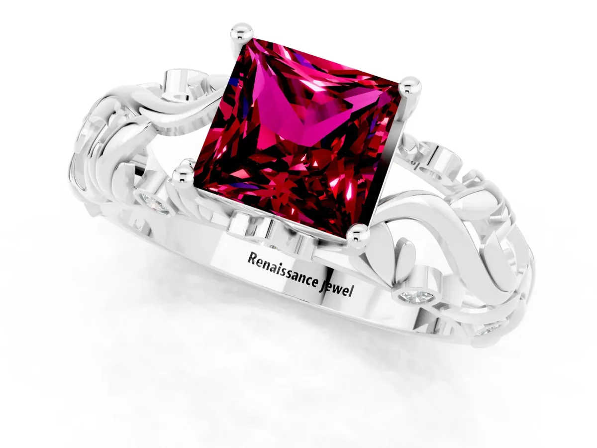 Princess Cut Solitaire Garnet Leaf-Inspired Vine Band Ring with Prong Setting White gold