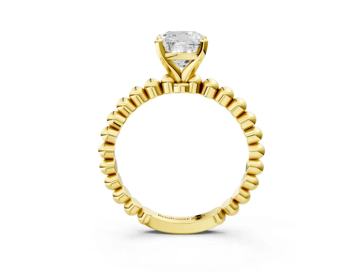 Cushion Cut Diamond Solitaire Ring with Beaded Band and Prong Setting Yellow gold