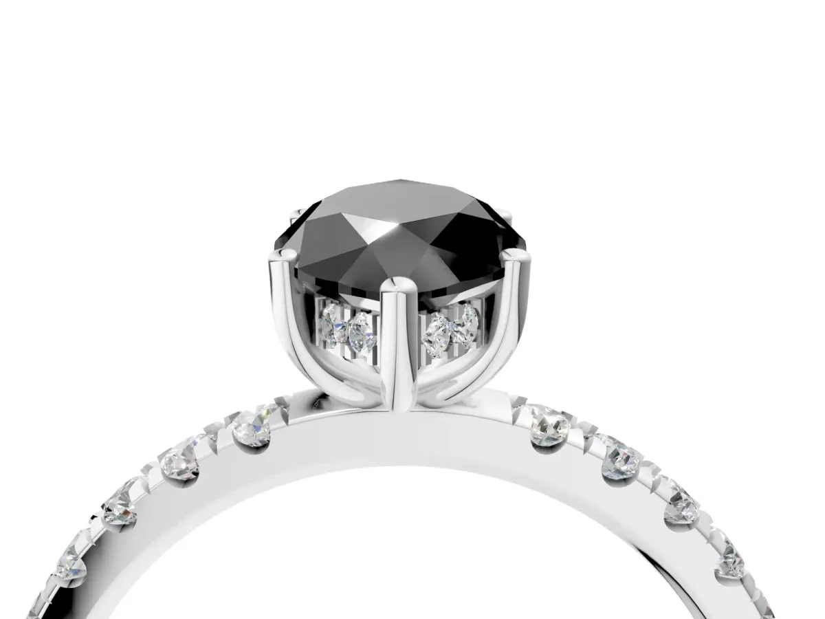 Fancy Black Marquise Cut Diamond Pave Band Solitaire Ring with Round and Prong Setting Silver