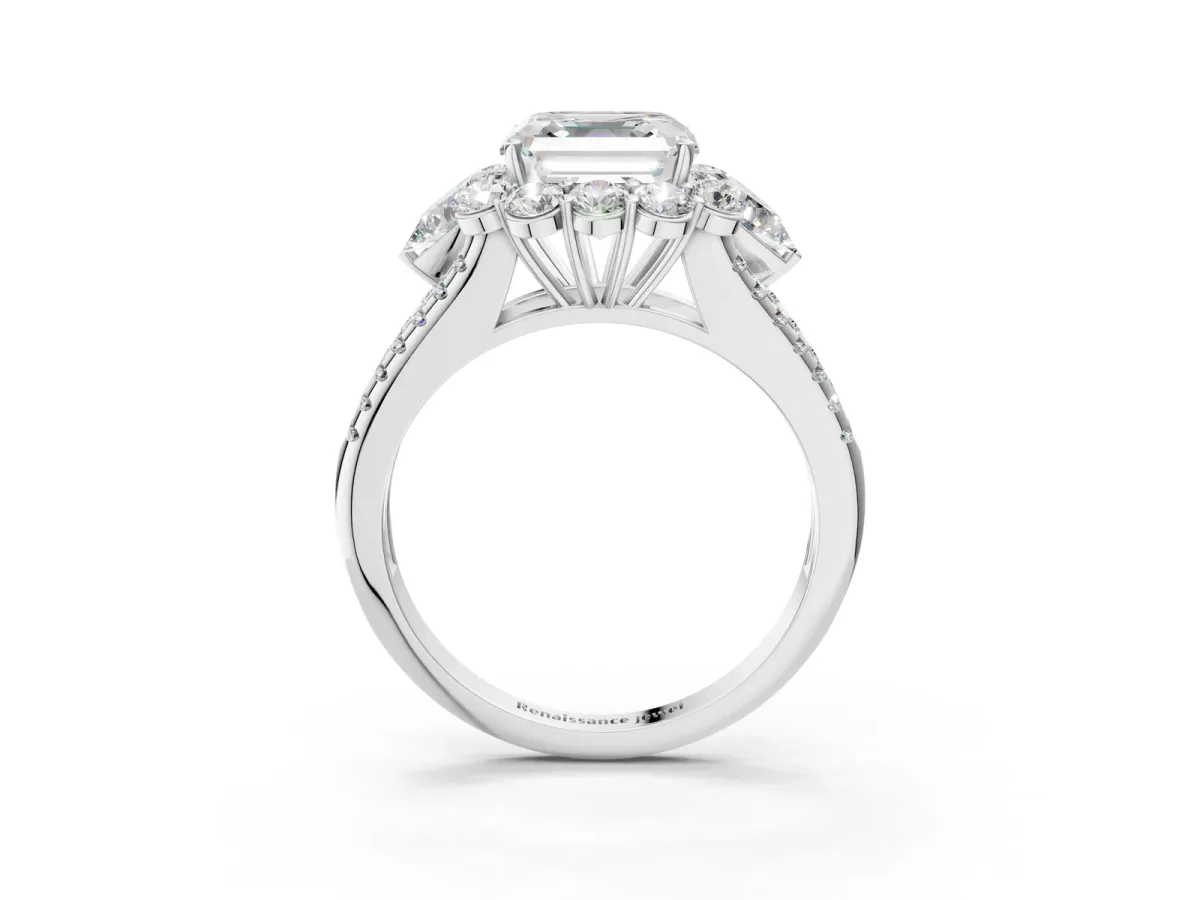 Asscher Cut Halo Split Shank Diamond Engagement Ring with Prong Setting Platinum