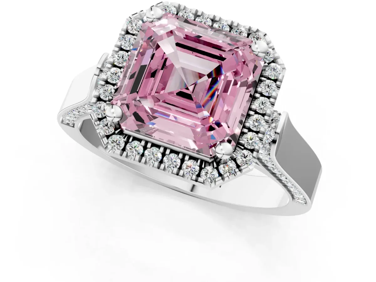Fancy Pink Asscher Cut Halo Pave Split Shank Prong Setting Ring Platinum