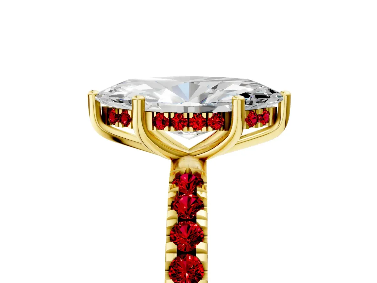Marquise Cut Diamond Pave Band Solitaire Ring with Round Ruby and Prong Setting Yellow gold