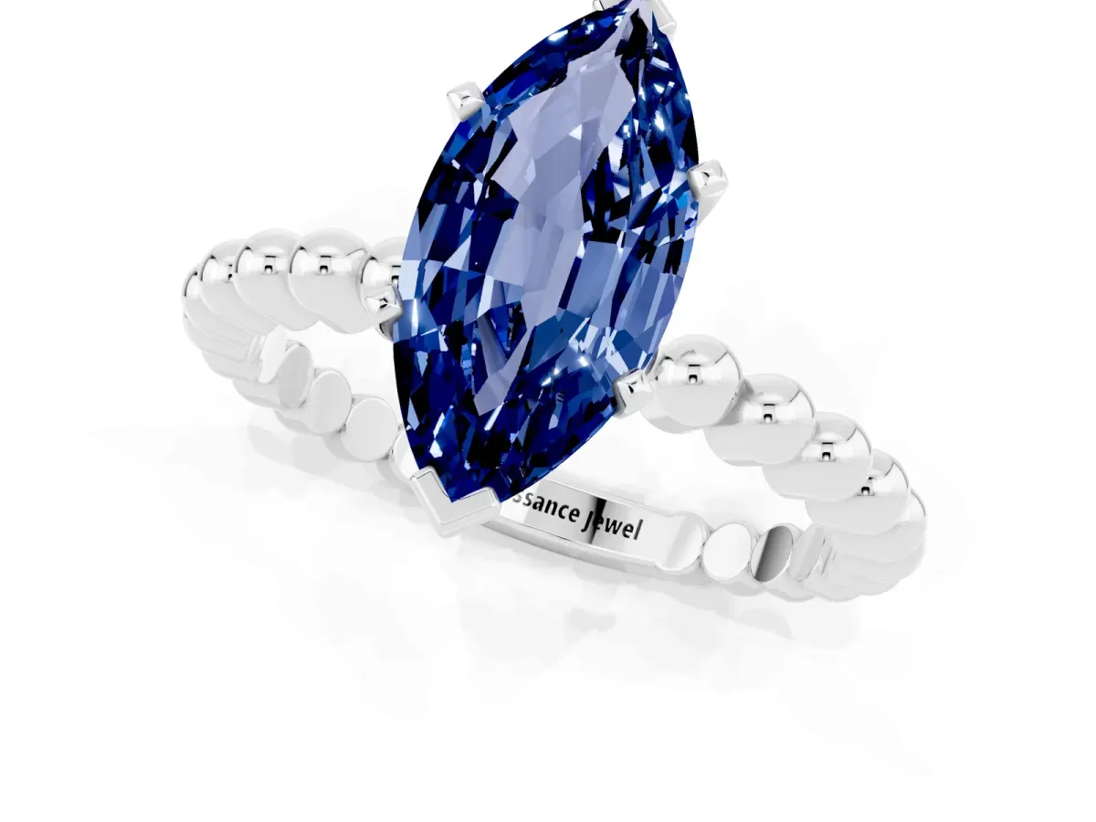 Marquise Cut Blue Sapphire Solitaire Ring with Beaded Band and Prong Setting Silver