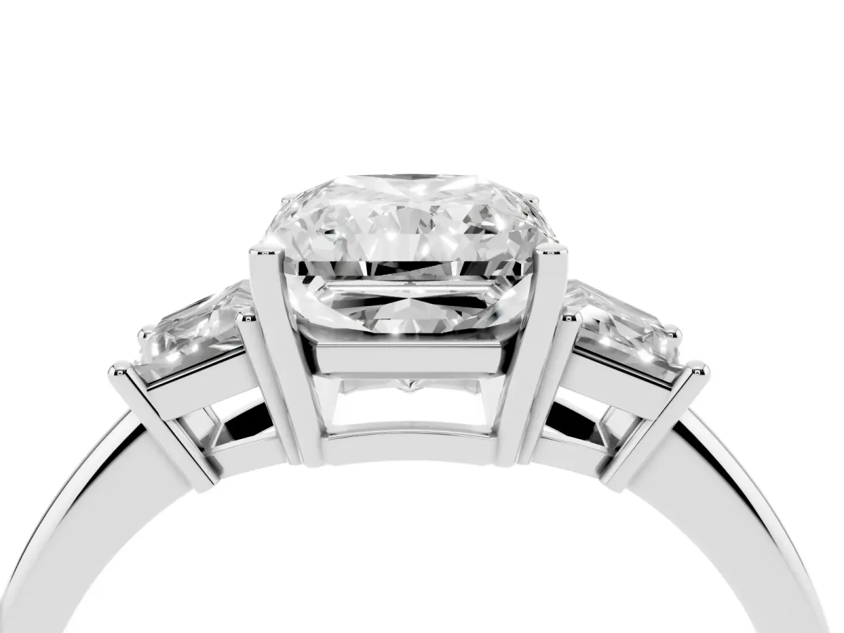 Radiant Cut Diamond Three-Stone Ring with Trapezoid Side Stones and Prong Setting Platinum