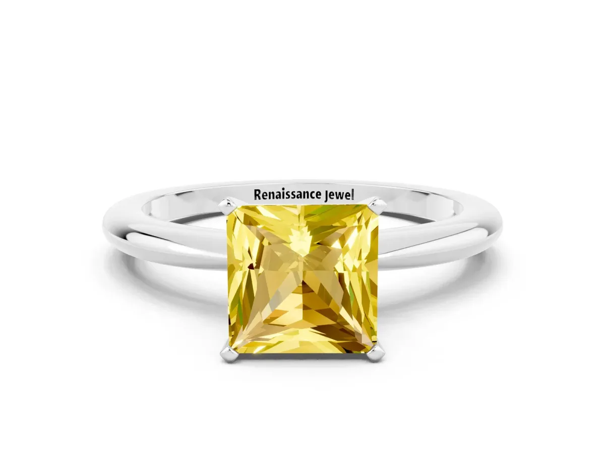 Princess Cut Yellow Sapphire Solitaire Ring with Six-Prong Setting and Classic Band Silver