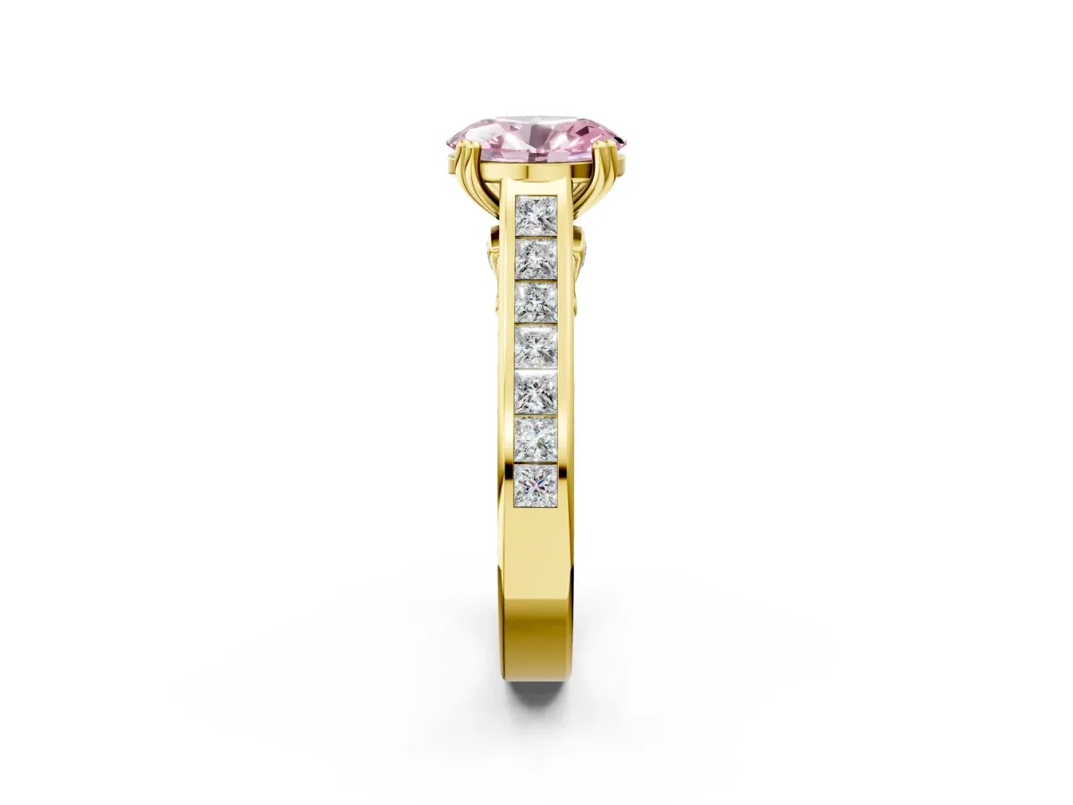 Fancy Pink Oval Cut Cut Channel Set Solitaire Engagement Ring with Prong Setting Yellow gold