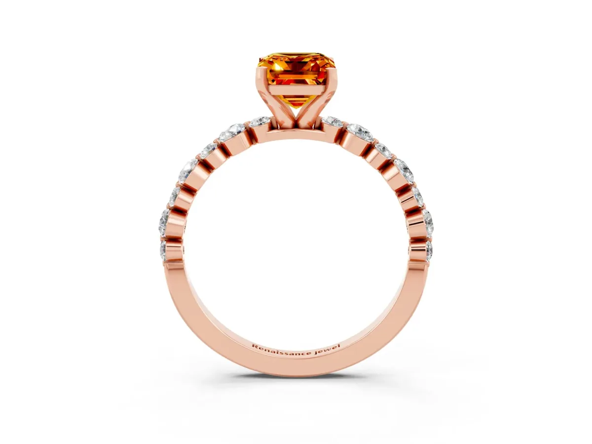 Emerald Cut Citrine Prong Set Engagement Ring with Pavé Band Rose gold