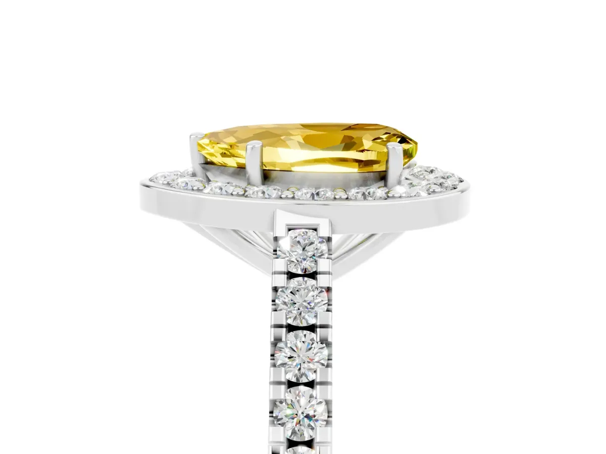 Pear Cut Yellow Sapphire Halo Ring with Round Pavé Split Shank and Prong Setting Platinum