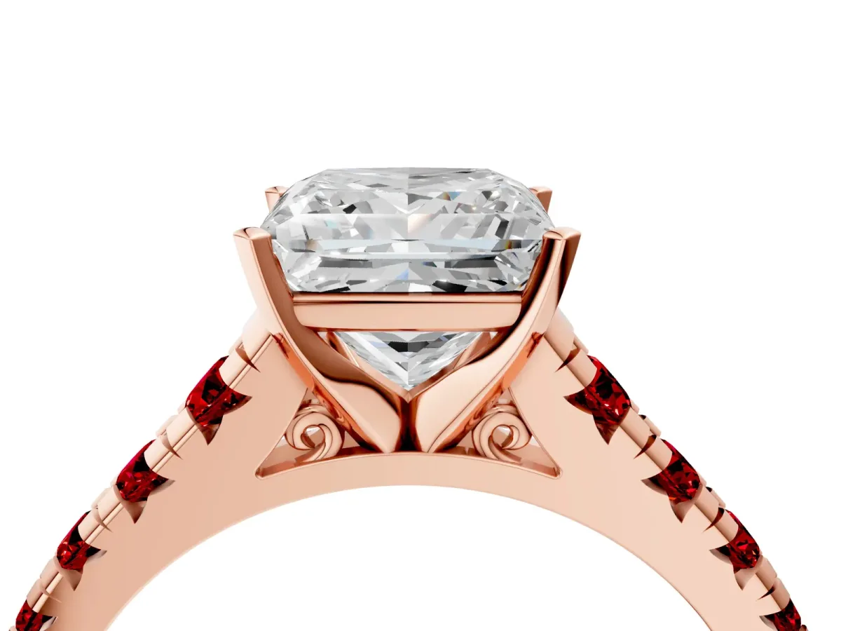 Princess Cut Diamond Cathedral Solitaire Ring with Round Ruby Pavé Band Rose gold