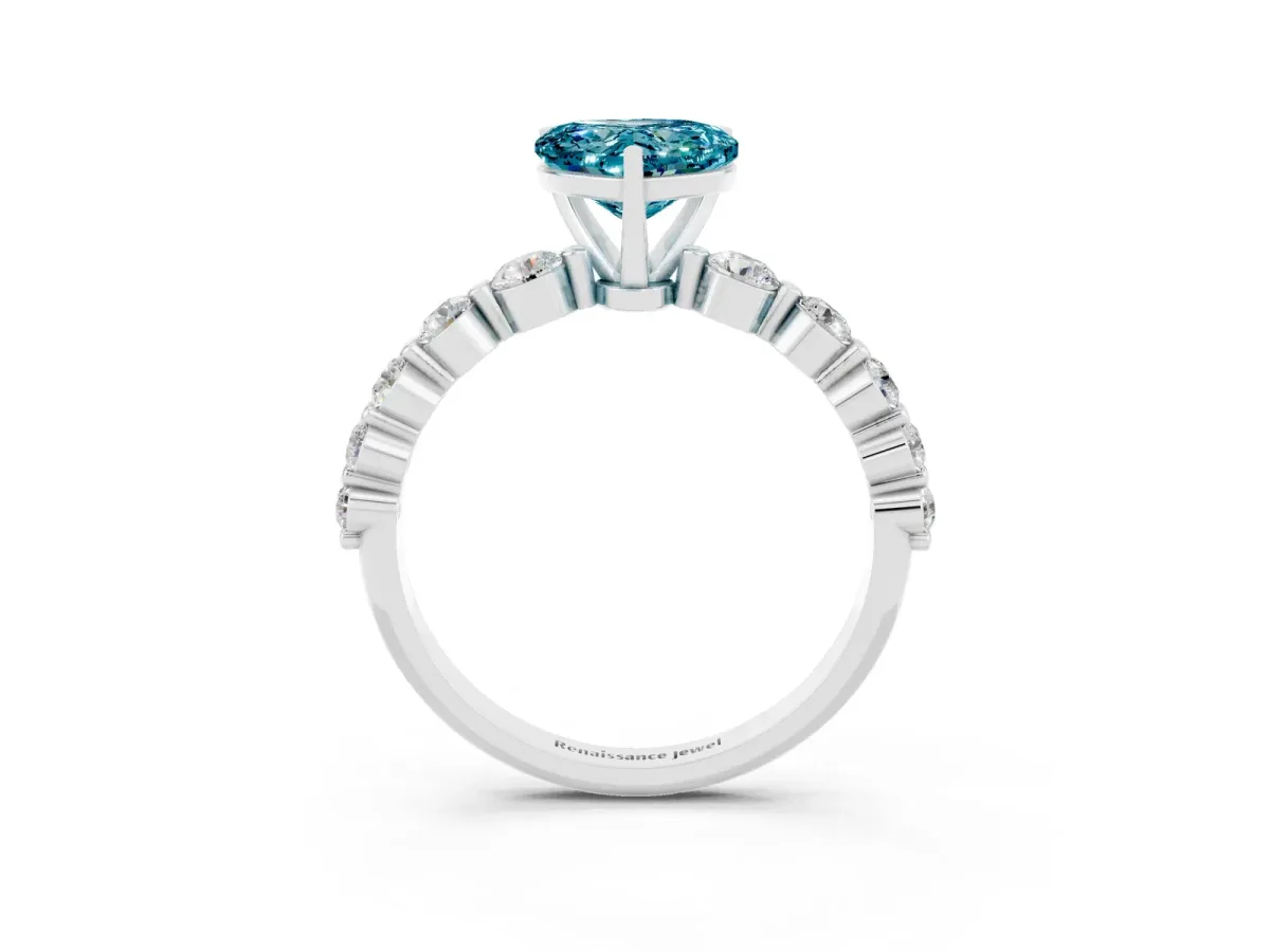 Heart Cut Solitaire Blue Topaz Ring with Pave Band and Four-Prong Setting Silver