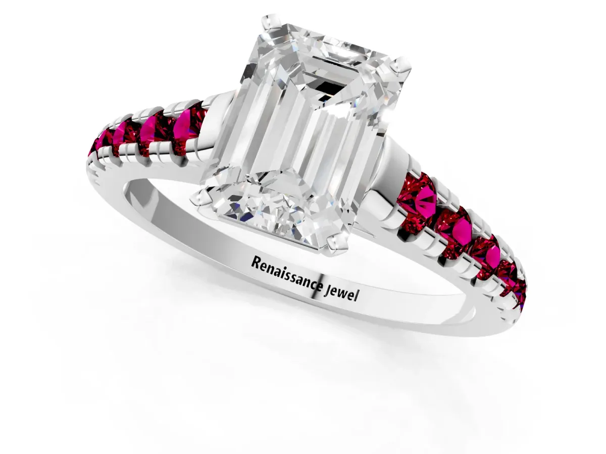 Emerald Cut Diamond Cathedral Solitaire Ring with Round Garnet Pavé Band Platinum