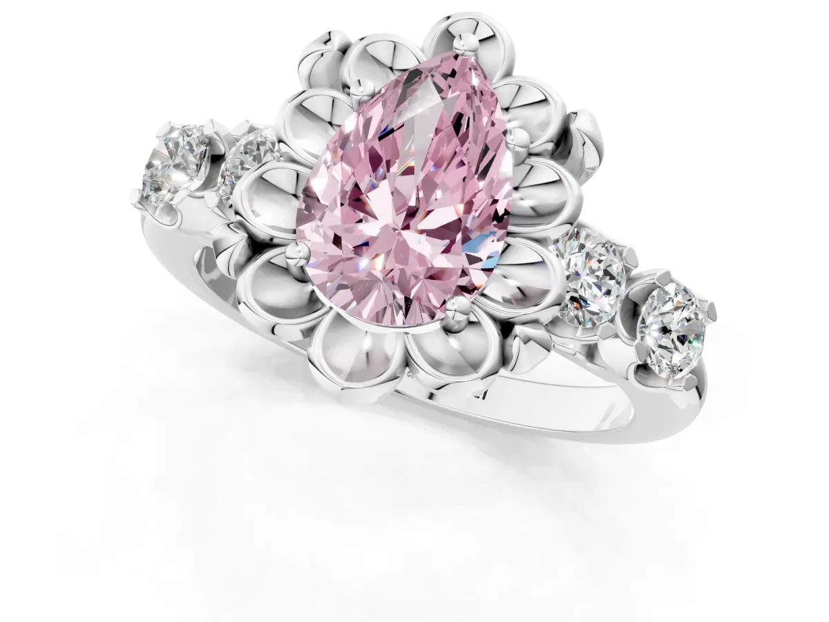 Fancy Pink Pear Cut Cut Diamond Floral Halo Engagement Ring with Shared Prong Setting Silver