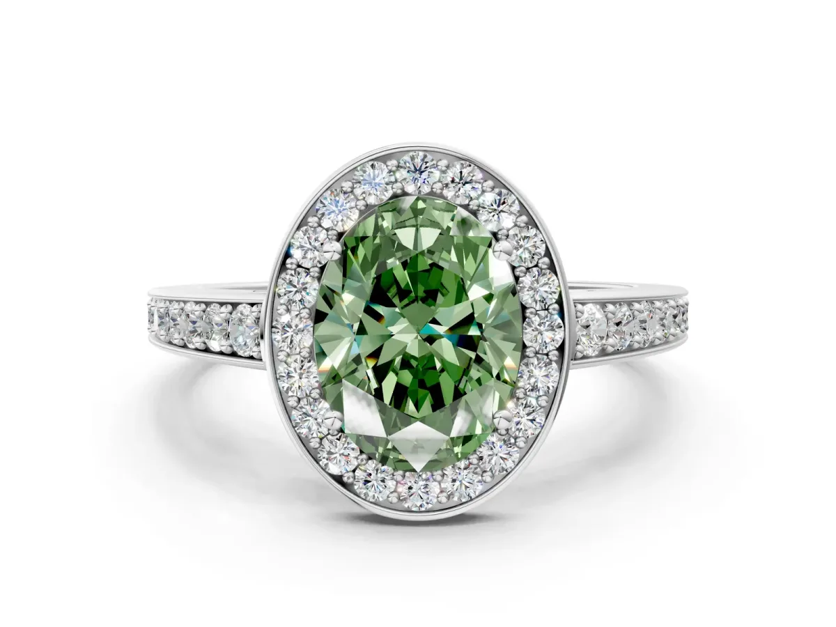 Fancy Green Oval Cut Halo Pavé Diamond Engagement Ring with Bezel Setting Silver