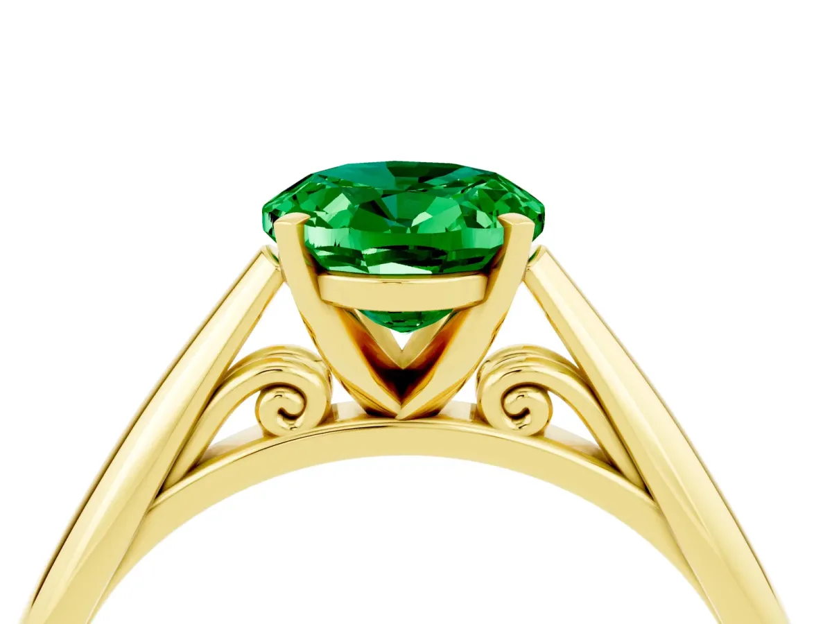 Oval Cut Emerald Solitaire Engagement Ring with Cathedral Setting and Four-Prong Mount Yellow gold