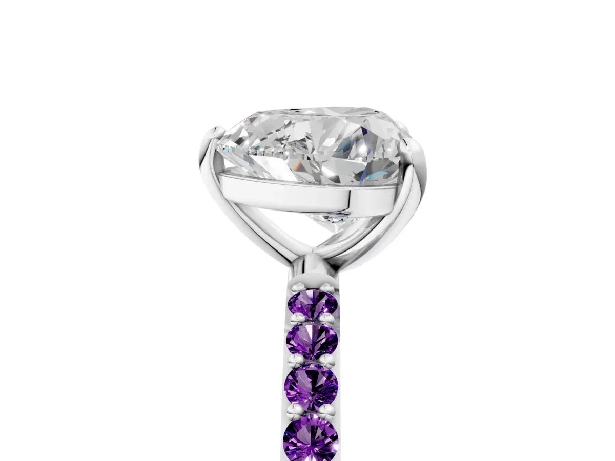 Heart Cut Diamond Solitaire Ring with Round Amethyst Pavé Band and Prong Setting Silver