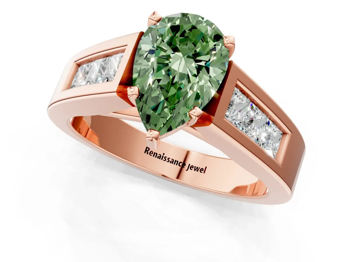 Fancy Green Pear Cut Cut Channel Set Solitaire Ring with Four-Prong Setting Rose gold