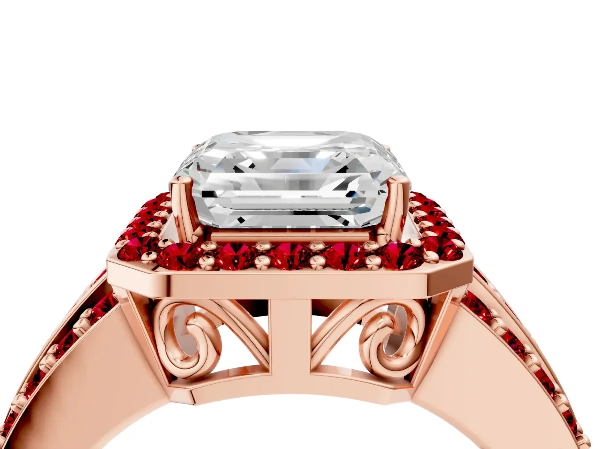 Asscher Cut Halo Diamond Ring with Round Ruby Split Shank and Prong Setting Rose gold