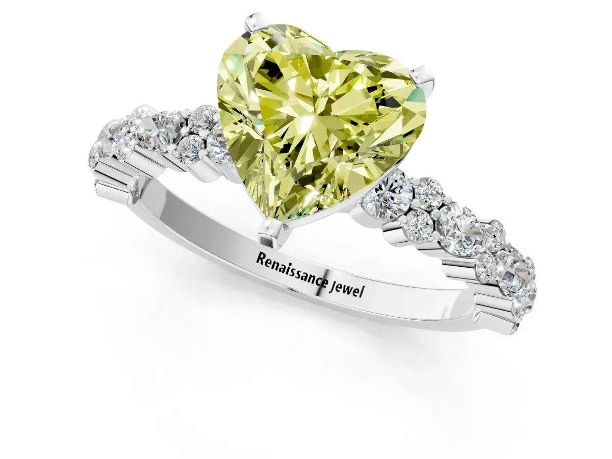 Fancy Yellow Heart Cut Diamond Side Stone Solitaire Ring with Round and Four-Prong Setting Platinum