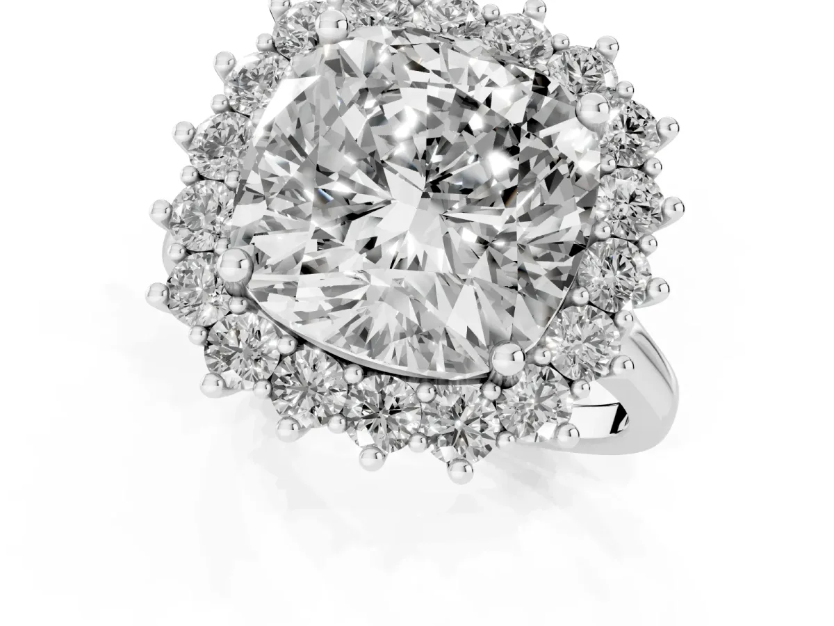 Cushion Diamond Halo Engagement Ring with Round Diamond Accents Silver