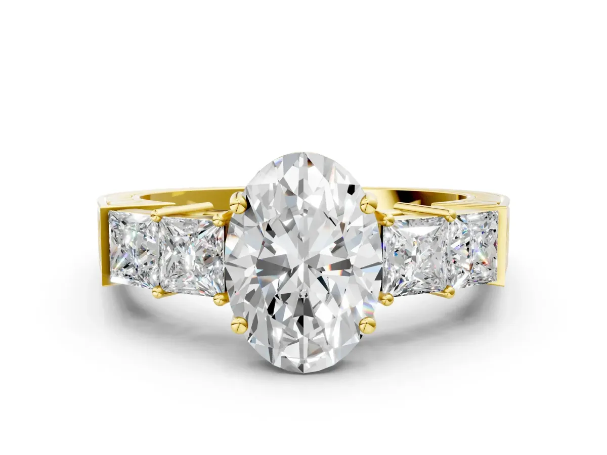 Oval Cut Solitaire Princess Side Stone Engraved Band Prong Setting Ring Yellow gold