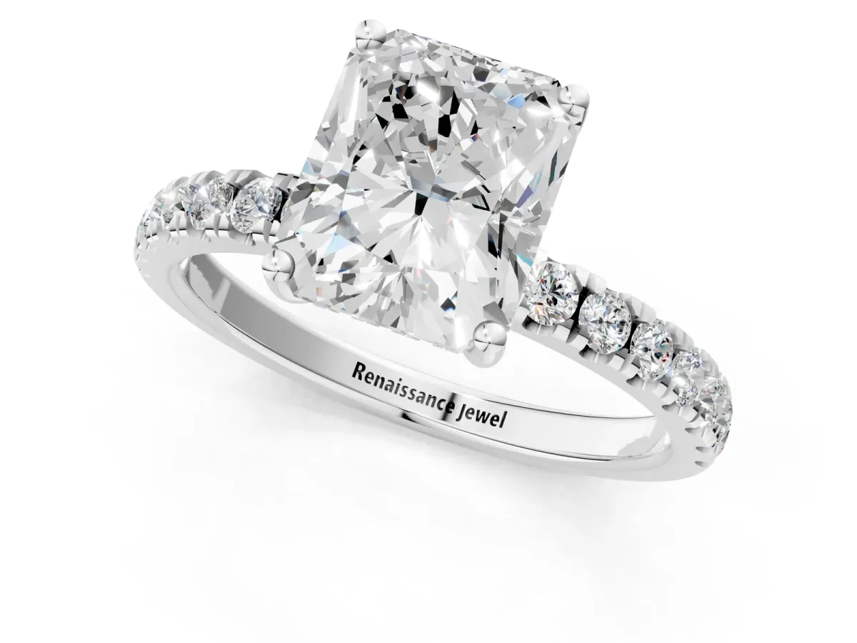 Radiant Cut Diamond Pave Band Solitaire Ring with Round and Prong Setting Platinum