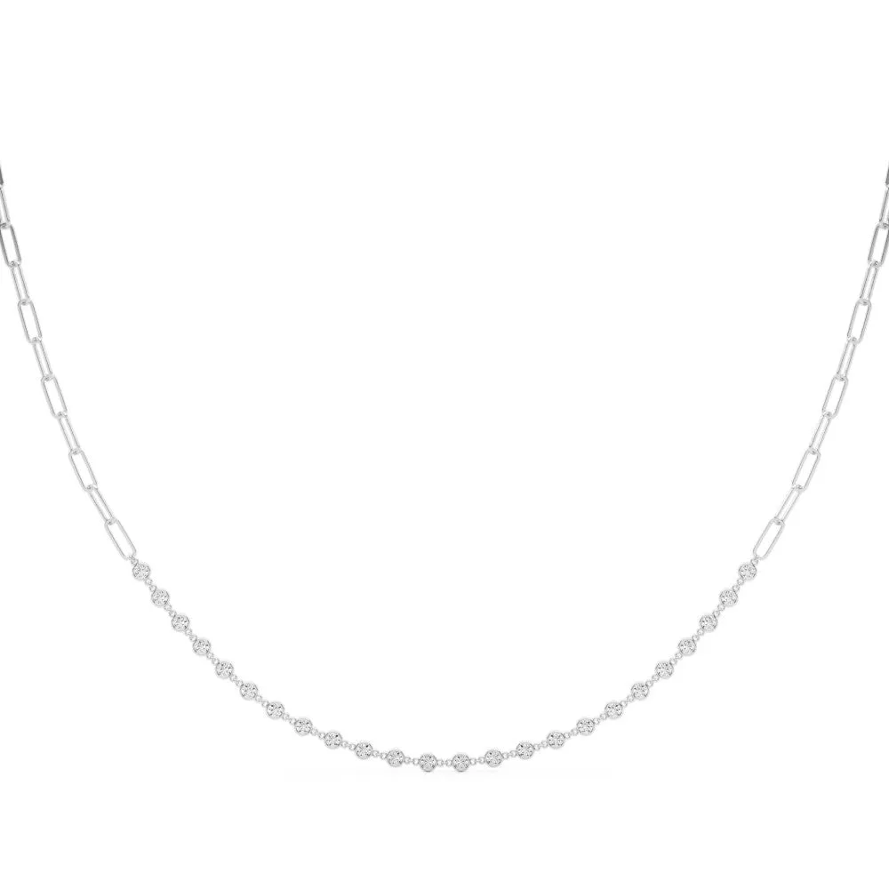 Diamond Round Stone Paperclip Chain Necklace with Bezel Setting Silver