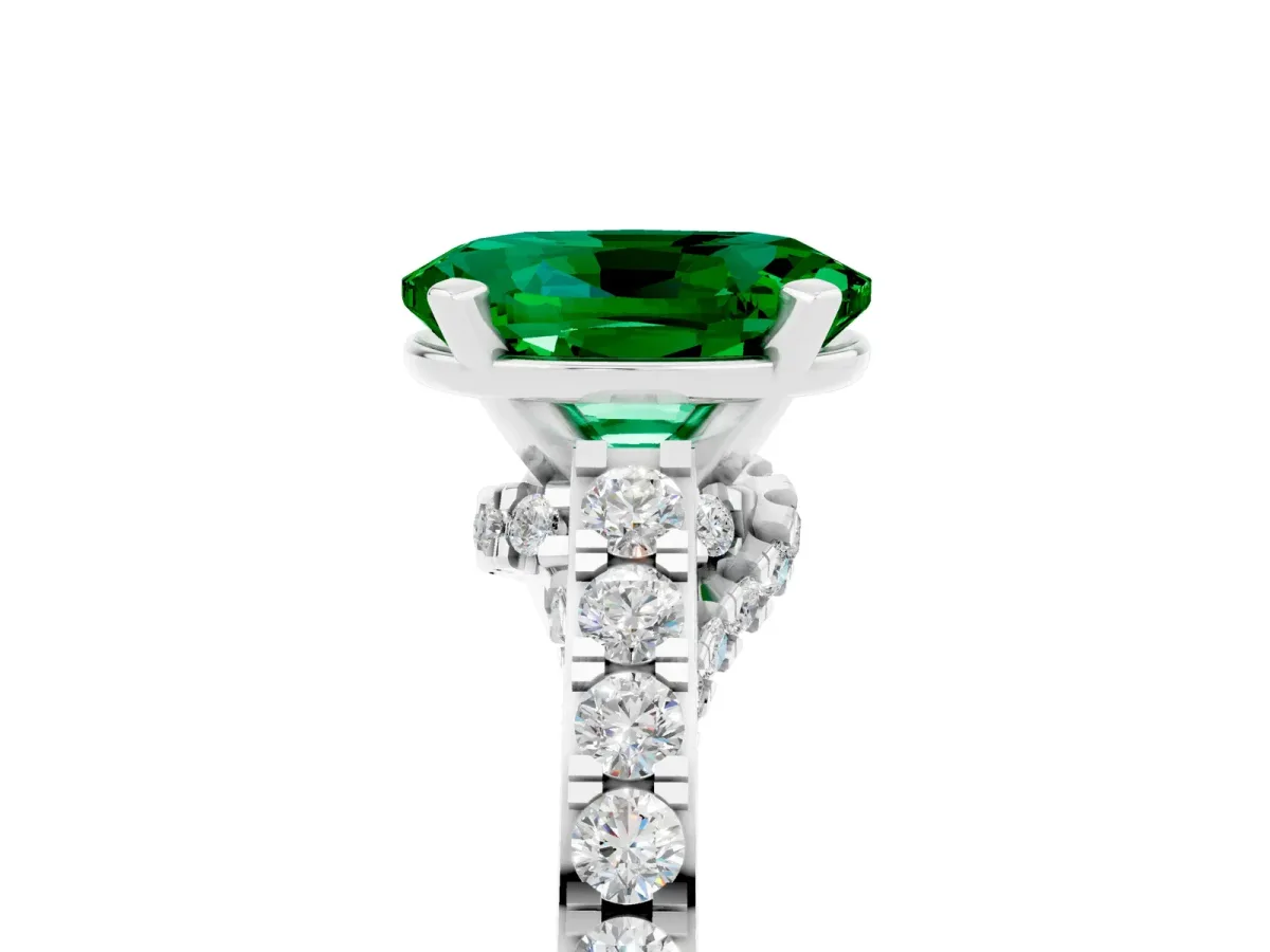 Oval Cut Emerald Solitaire Ring with Crossover Gallery and Round Pavé Band Silver
