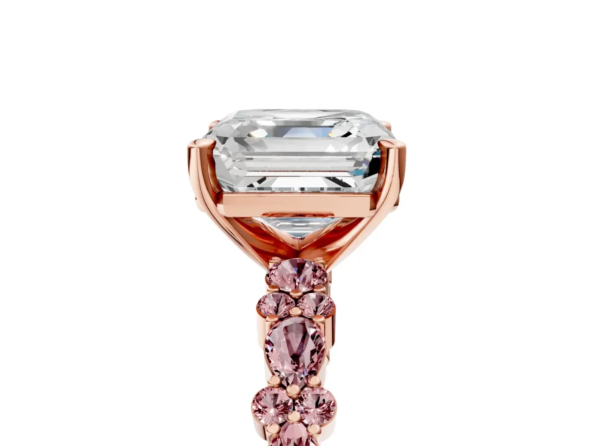 Asscher Cut Diamond Side Stone Solitaire Ring with Round Morganite and Four-Prong Setting Rose gold