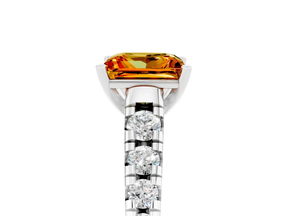 Princess Cut Citrine Cathedral Solitaire Ring with Round Pavé Band Silver