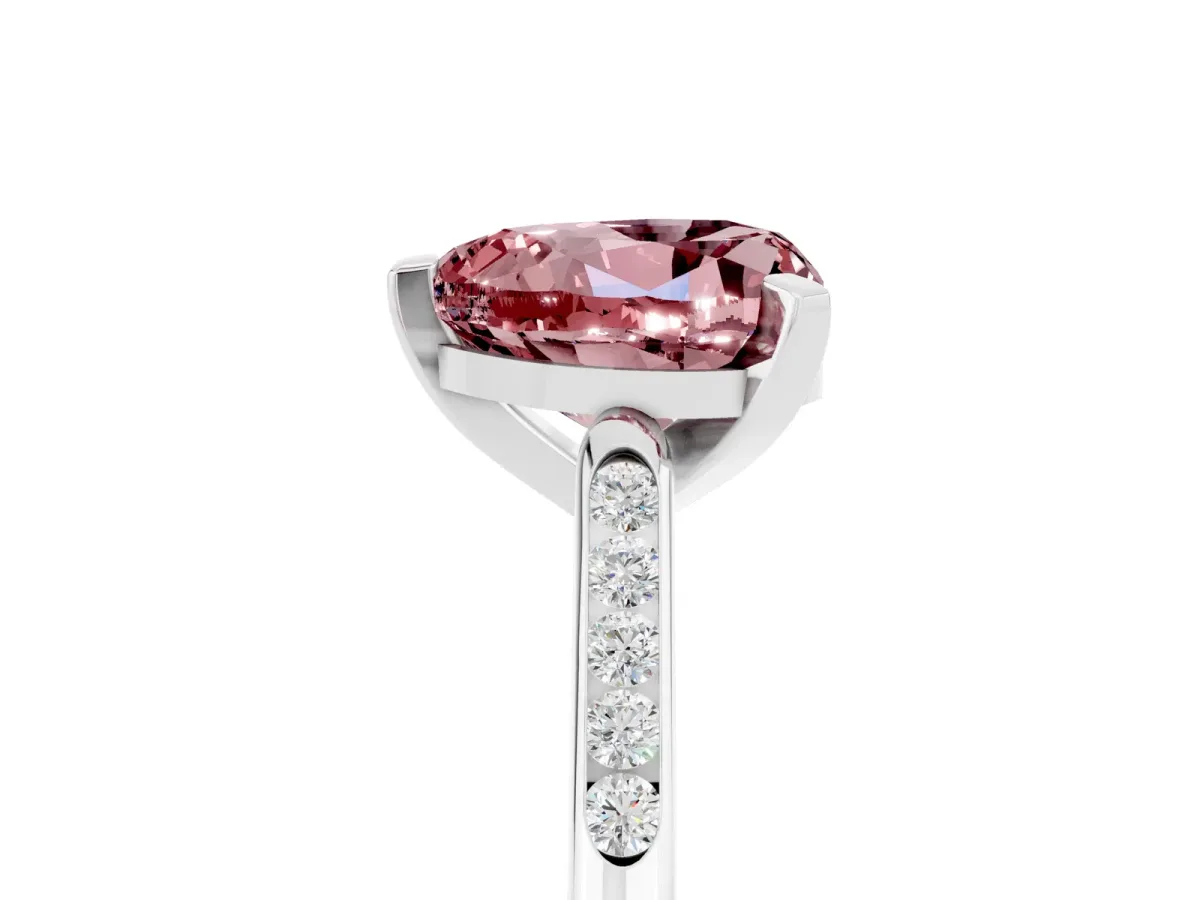 Heart Cut Morganite Solitaire Ring with Channel Set Round Band and Prong Setting Silver