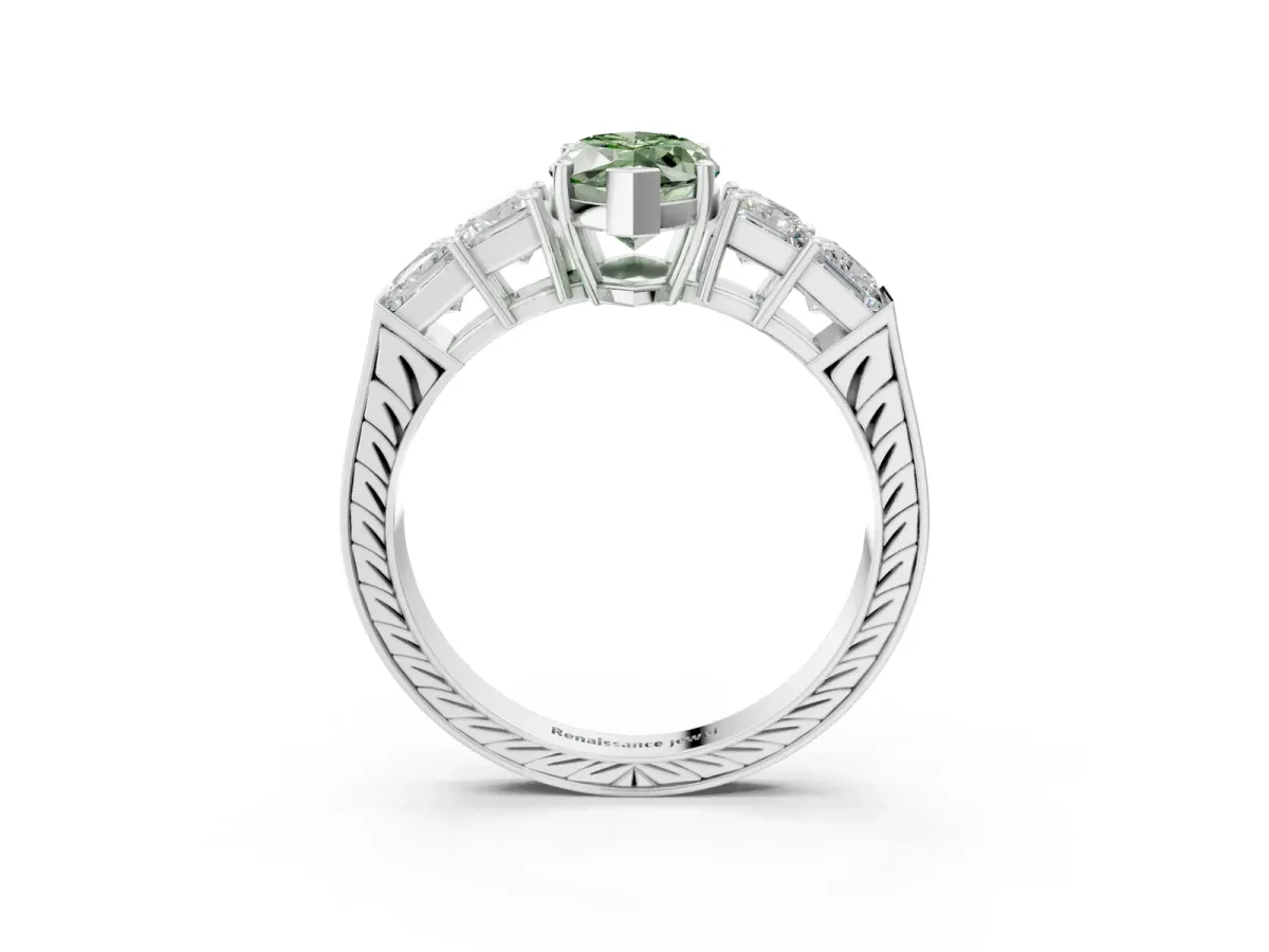 Fancy Green Marquise Cut Solitaire Princess Side Stone Engraved Band Prong Setting Ring Silver