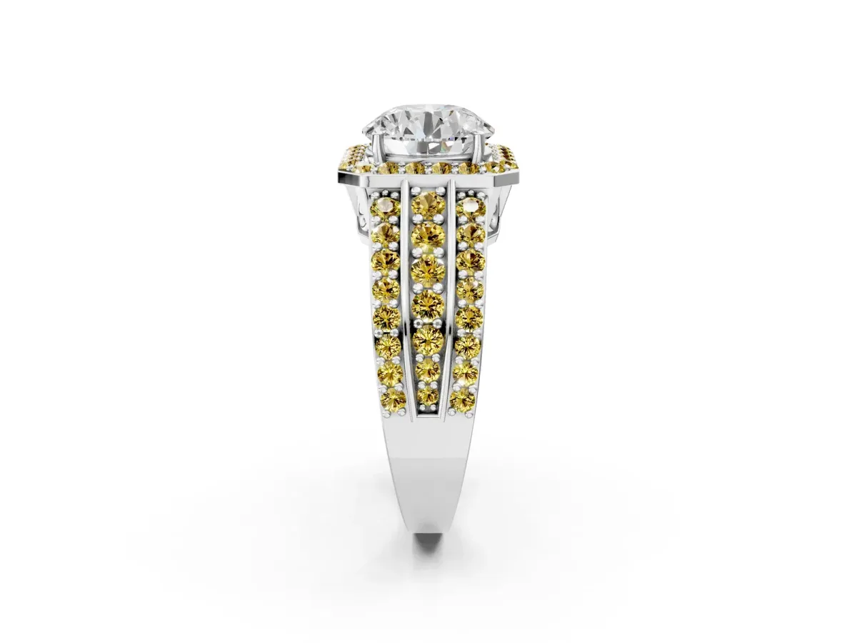 Round Cut Halo Diamond Ring with Round Yellow Sapphire Split Shank and Prong Setting Silver