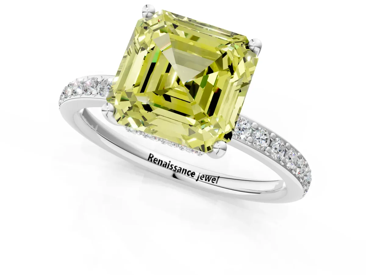 Fancy Yellow Asscher Cut Cut Diamond Pavé Band Ring with Four-Prong Setting Platinum