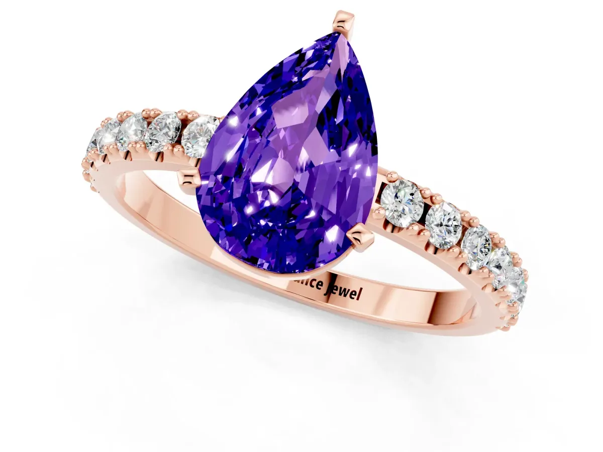 Pear Cut Tanzanite Solitaire Pavé Band with Four-Prong Setting Rose gold