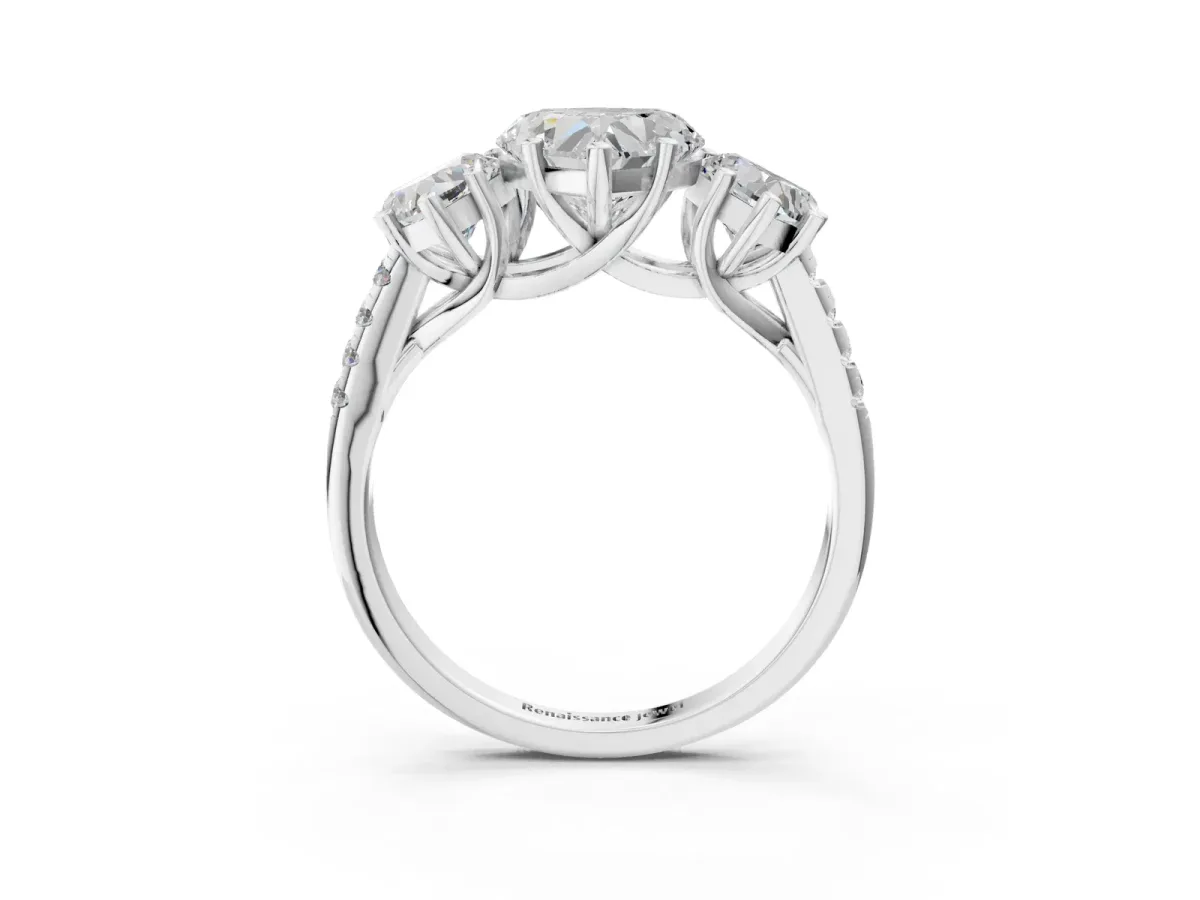 Three-Stone Heart Cut Diamond Ring with Round Pavé Band and Prong Setting Platinum